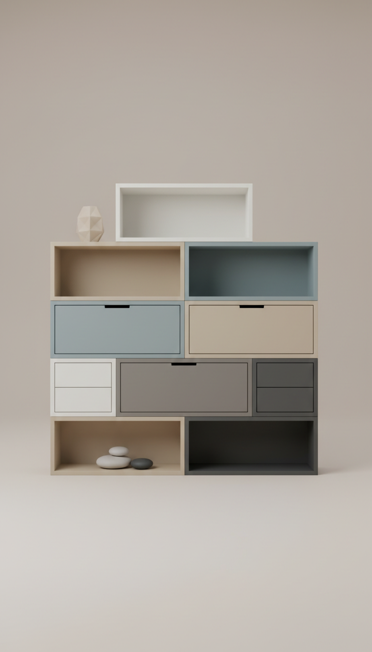 Modular shelving system with brushed steel accents